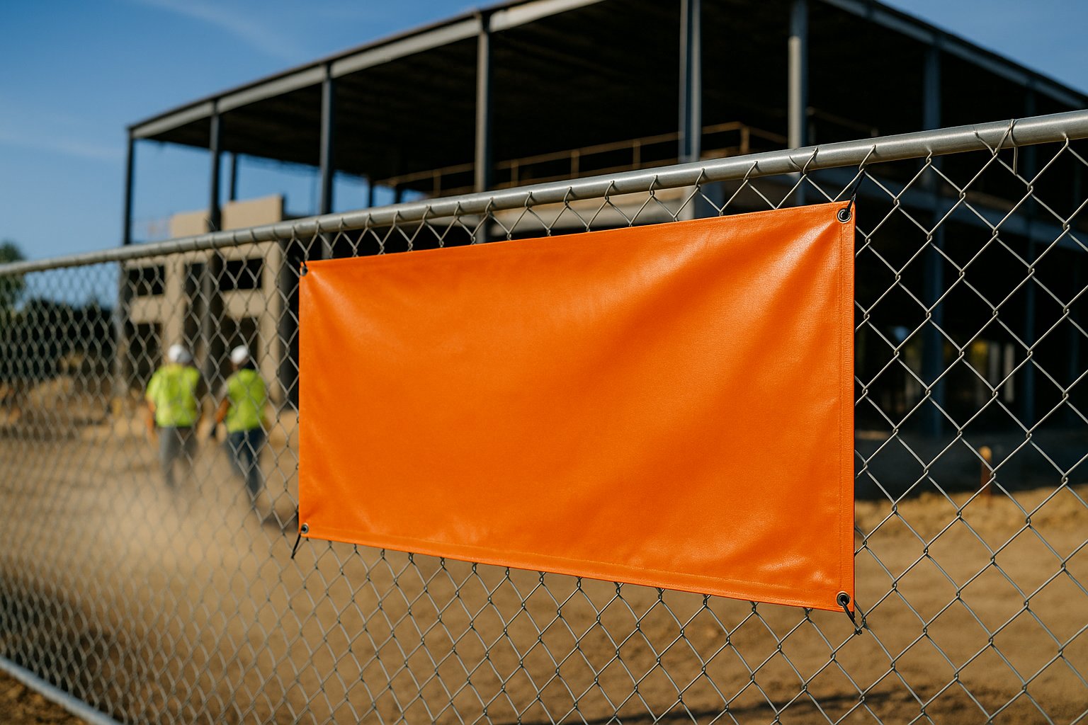 Vinyl banner mock: Construction · now hiring