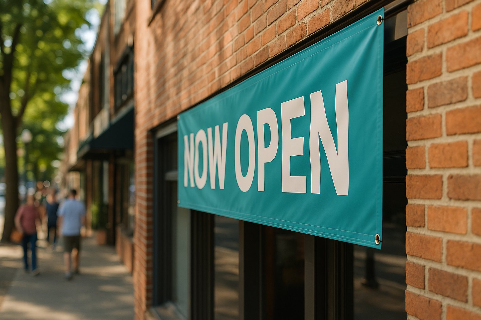Vinyl banner mock: Small biz · now open