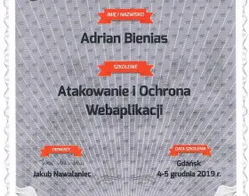 Certificate for Adrian Bienias confirming the training "Attacking and Protecting Web Applications" conducted by Niebezpiecznik.pl