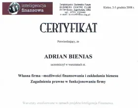 Certyfikat potwierdzający uczestnictwo Adriana Bieniasa w warsztatach nt. prowadzenia własnej firmy