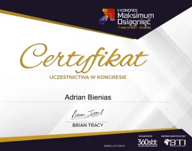 Certificate for Adrian Bienias confirming participation in the congress with Brian Tracy