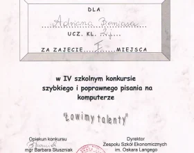 Diploma for Adrian Bienias for taking 1st place in the 4rd school competition of fast and correct typing on the keyboard