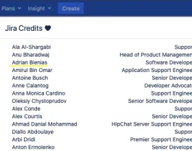 List of people involved in the development of Jira software with Adrian Bienias underlined