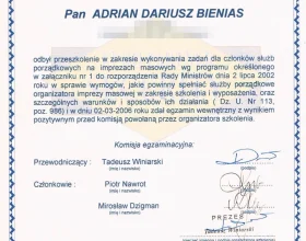 Adrian Bienias's certificate of training for members of security services