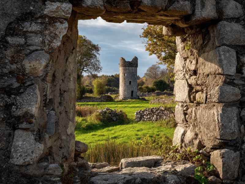 View through a stone archway toward the round tower at Ballybeg Priory in County Cork, with grassy ruins and historic stone walls surrounded by countryside.