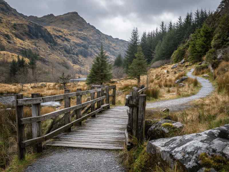 Wooden footbridge and walking path surrounded by forest and mountains along the Gougane Barra Loop in County Cork, Ireland.