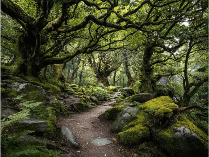 A moss-covered forest path winding through the ancient Reenadinna Yew Woodland in Killarney National Park, Ireland, surrounded by twisted branches and vibrant green foliage.