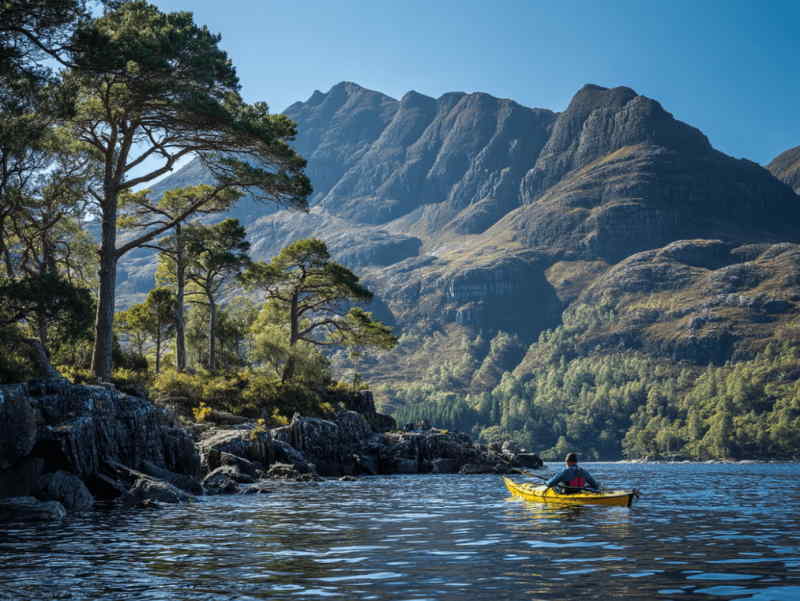A kayaker paddling across the calm waters of Loch Torridon surrounded by pine trees and dramatic mountain peaks.