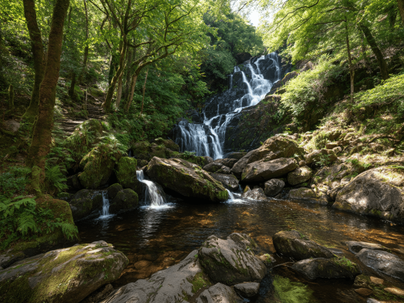 Torc Waterfall surrounded by moss-covered rocks and lush green forest along the Muckross House to Torc Waterfall Lake Loop in Killarney National Park.
