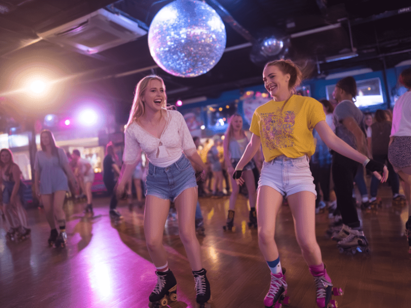Two young women roller skating and laughing at an indoor roller rink, surrounded by colorful disco lights, a glittering mirror ball, and a lively crowd.