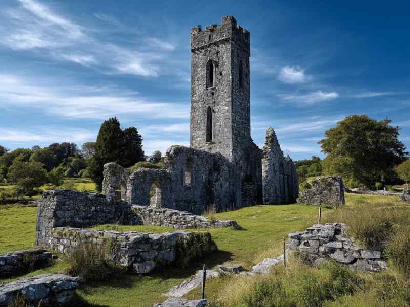 Stone tower and ruins of Rock Abbey in Glanworth, County Cork, standing in open countryside with grassy grounds and surrounding trees under a blue sky.