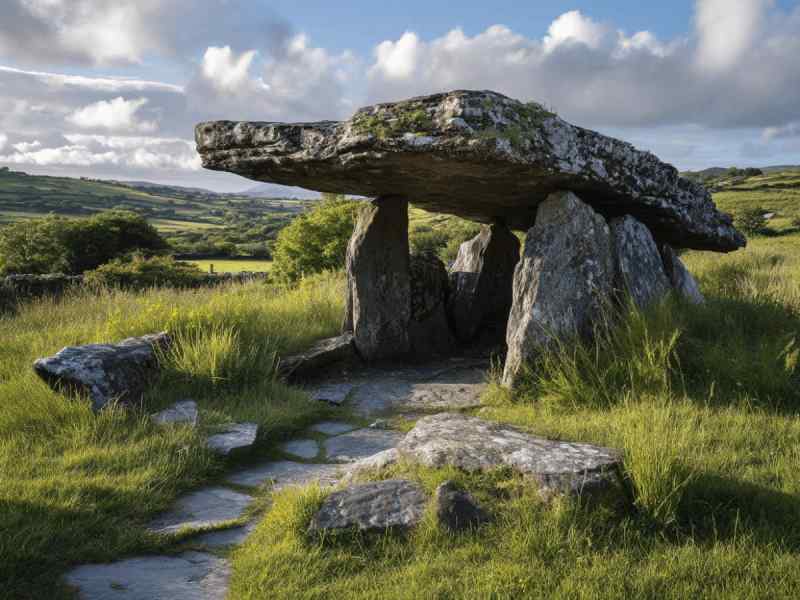 Altar Wedge Tomb, a prehistoric stone burial monument in rural Ireland, with large standing stones supporting a flat capstone surrounded by grassy countryside.