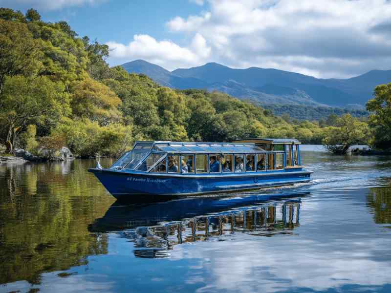 A blue tour boat gliding across the calm waters of the Lakes of Killarney surrounded by lush green forests and distant mountains.