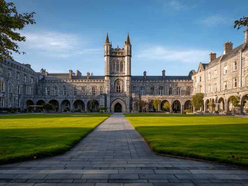 The Quadrangle at University College Cork featuring historic stone buildings, arches, and green lawns.