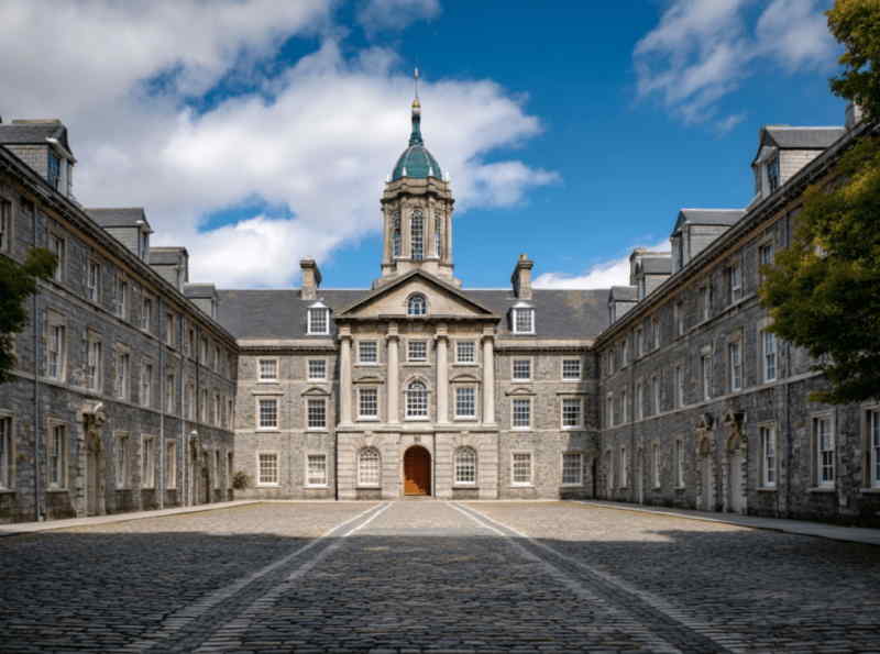 View of the cobblestone courtyard at the Royal Hospital Kilmainham in Dublin, Ireland, showcasing the 17th-century architecture with its central clock tower, stone facades, and symmetrical design.