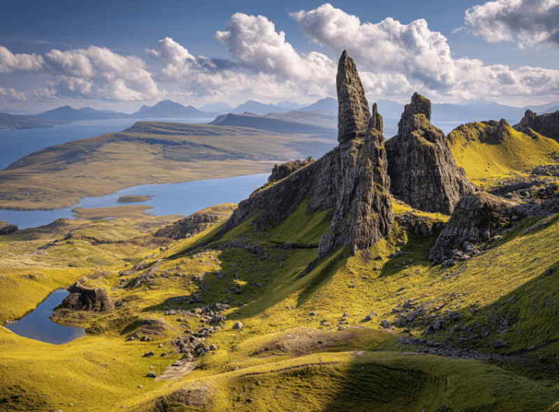 Panoramic view of the Old Man of Storr rock formation on the Isle of Skye, Scotland, with rugged cliffs, rolling green hills, and the sea in the distance.