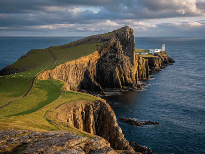Dramatic view of Neist Point Lighthouse on the Isle of Skye, Scotland, perched on rugged sea cliffs with green grasslands and the Atlantic Ocean stretching into the horizon.