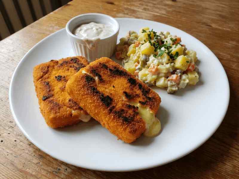 Two pieces of smazeny syr, Czech breaded fried cheese with melted interior, served with potato salad and tartar sauce.