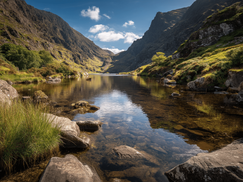 Tranquil mountain lake surrounded by steep cliffs and rugged greenery along The Gap of Dunloe Walk in Killarney, County Kerry.