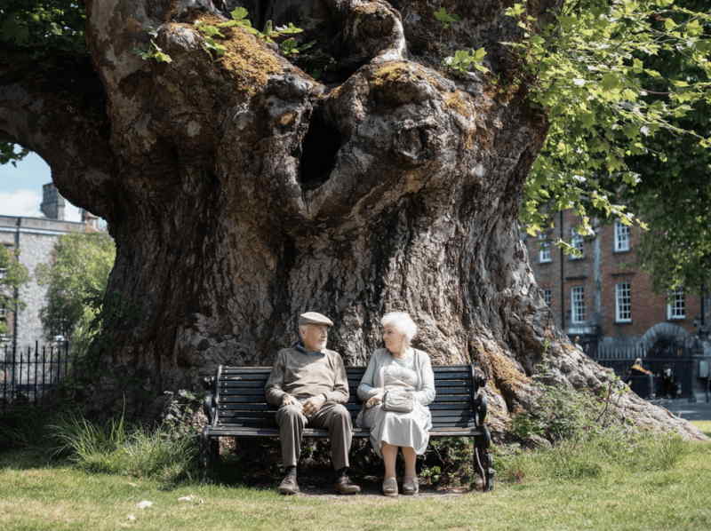 An elderly couple sitting on a bench beneath a massive ancient tree in the peaceful gardens of Dublin Castle, Ireland, enjoying the shade and historic surroundings.