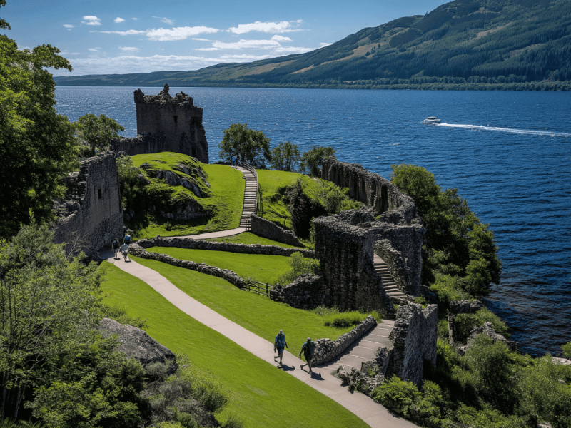 Ruins of Urquhart Castle overlooking the deep blue waters of Loch Ness, with visitors walking along stone paths and a boat cruising across the loch in the Scottish Highlands.