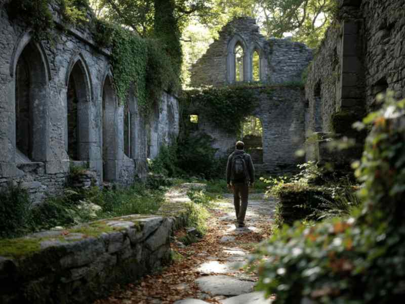 Traveler exploring ivy-covered stone ruins with arched windows during a DIY photo walk in Killarney, Ireland, surrounded by moss, fallen leaves, and soft natural light filtering through the trees.