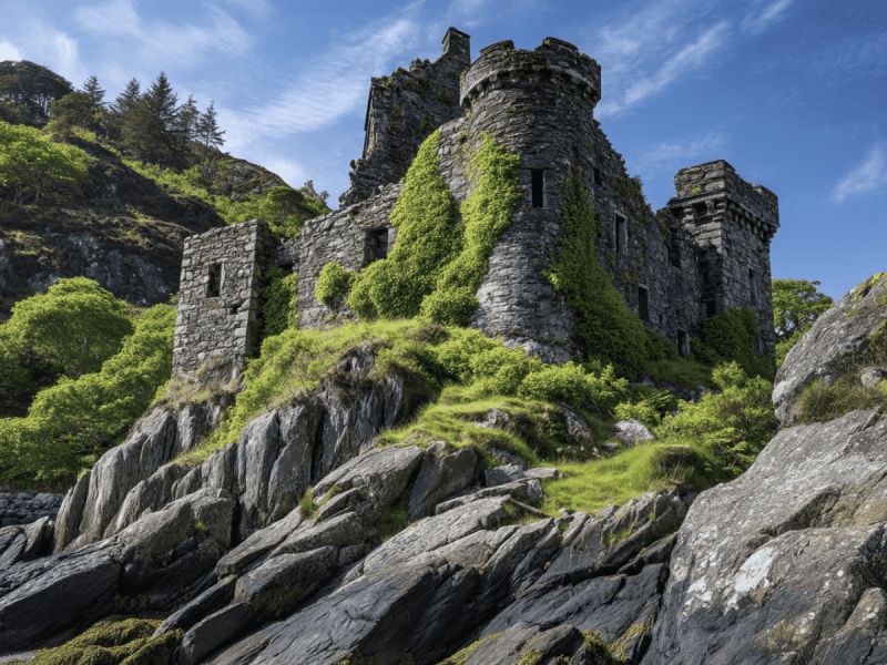 The ivy-covered stone ruins of Castle Tioram perched on a rocky promontory overlooking Loch Moidart, surrounded by green hills.