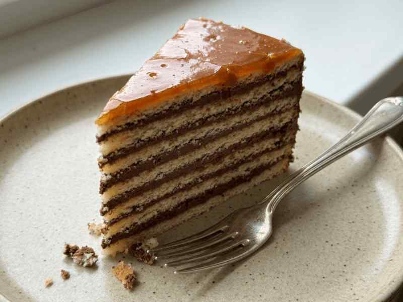 Slice of Hungarian Dobos torte with layered sponge, chocolate cream, and a caramel glazed top