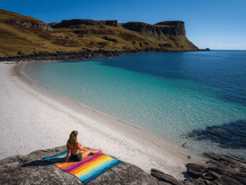 Traveler sitting on a colorful beach towel at Coral Beach on the Isle of Skye, Scotland, overlooking bright white coral sands, turquoise waters, and rugged coastal cliffs.