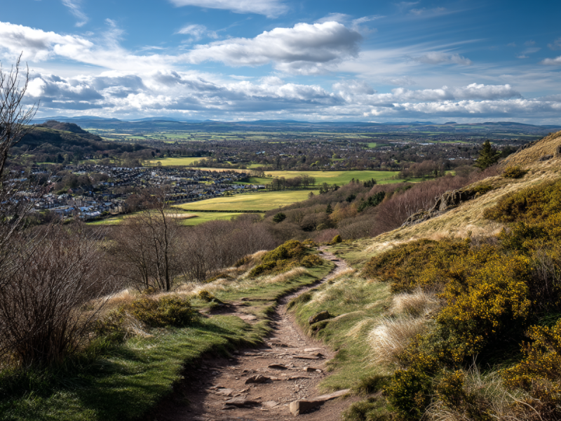View from Corstorphine Hill Local Nature Reserve in Edinburgh, featuring a rugged walking trail winding through gorse-covered slopes, overlooking the city and countryside.