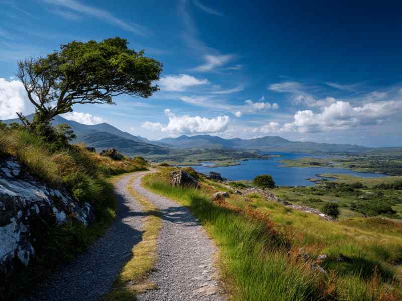 Panoramic view from Cloon Lough Viewpoint overlooking winding trails, lush green hills, and blue lakes with the MacGillycuddy’s Reeks mountain range in the distance