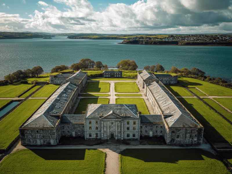 Aerial view of Fort Mitchel on Spike Island surrounded by green grounds and Cork Harbor waters in Ireland.