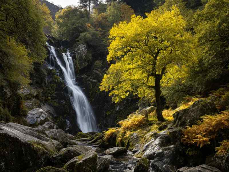 A stunning view of Cromaglan Cascade, also known as Tower Wood Waterfall, surrounded by mossy rocks, golden autumn ferns, and a bright yellow tree in Killarney National Park.