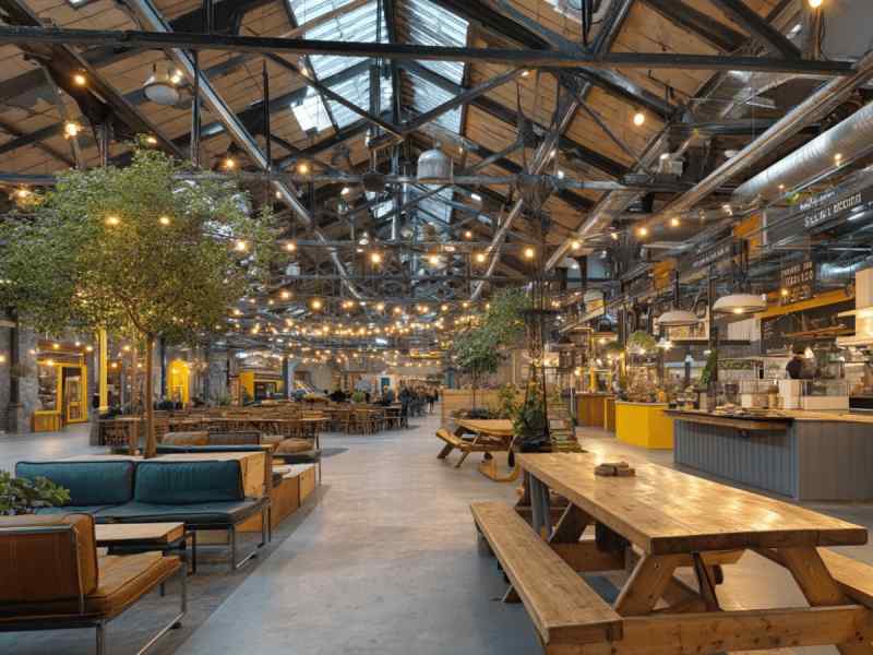 Indoor view of Marina Market in Cork featuring food vendors, communal tables, and string lights inside a converted warehouse.