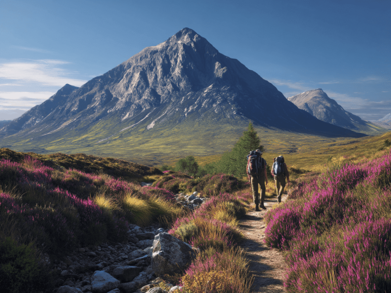 Two hikers walking along a sunlit trail through purple heather towards the dramatic peak of Buachaille Etive Mòr in Glencoe, Scottish Highlands.