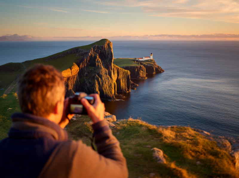 Photographer capturing Neist Point Lighthouse at sunset on the Isle of Skye, Scotland, with golden light on the dramatic cliffs and the lighthouse overlooking the calm ocean.