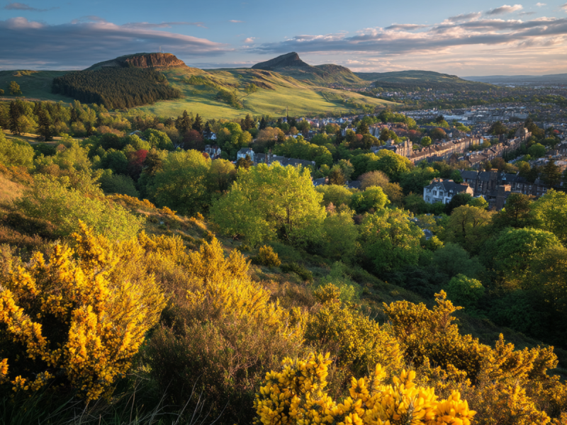 Panoramic view from Blackford Hill overlooking the Hermitage of Braid in Edinburgh, with lush green trees, blooming yellow gorse, and Arthur’s Seat in the distance.