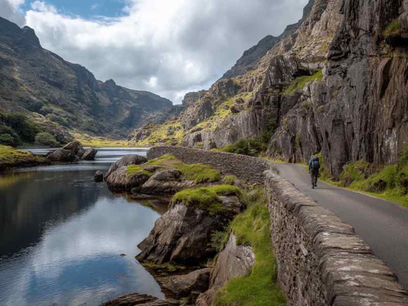 Scenic view of the Gap of Dunloe Trail in Killarney National Park, with a winding mountain road running beside calm reflective waters surrounded by steep cliffs and lush green hills.