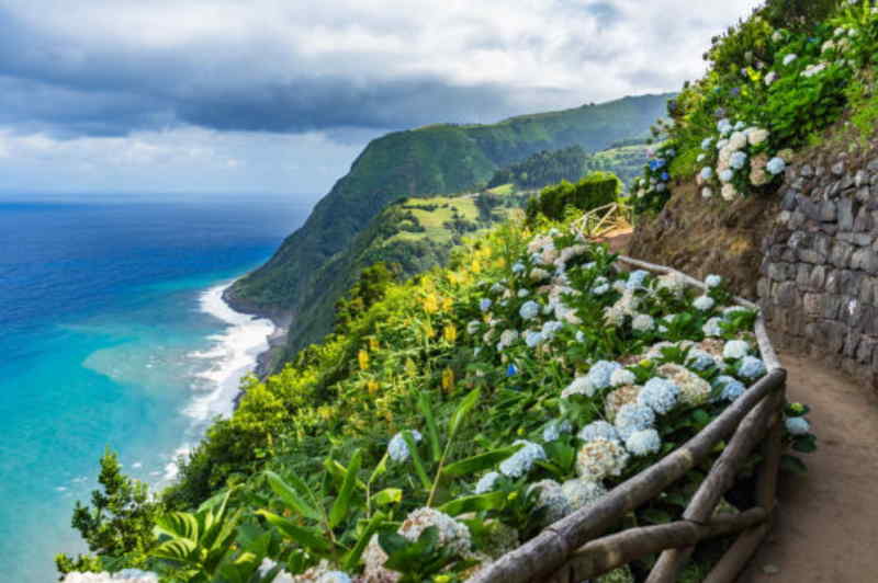 A stunning coastal view of São Vitória Island in Portugal, showcasing cliffs and clear blue waters under a bright sky.