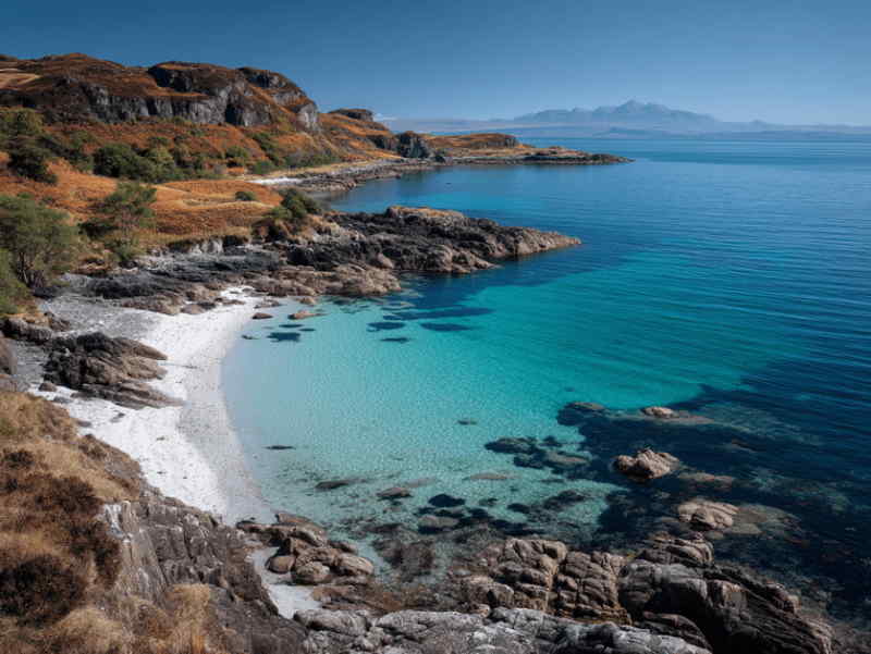 Coral Beach on the Isle of Skye, Scotland, with white sand, clear turquoise waters, rocky shoreline, and distant mountain views.