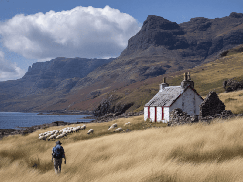 Hiker walking toward the white cottage at Camasunary Bay on the Isle of Skye, Scotland, with sheep grazing in the golden grass and towering mountains rising above the coastline.