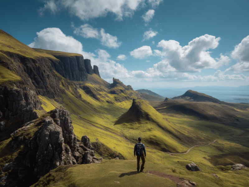 Hiker standing at the Quiraing on the Isle of Skye, Scotland, overlooking dramatic green cliffs, rocky pinnacles, and sweeping landscapes.