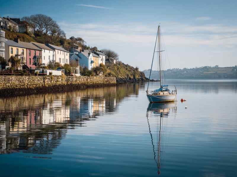 Sailboat moored in calm harbor waters with colorful houses lining the shore along the Scilly Walk in Kinsale, County Cork, Ireland.