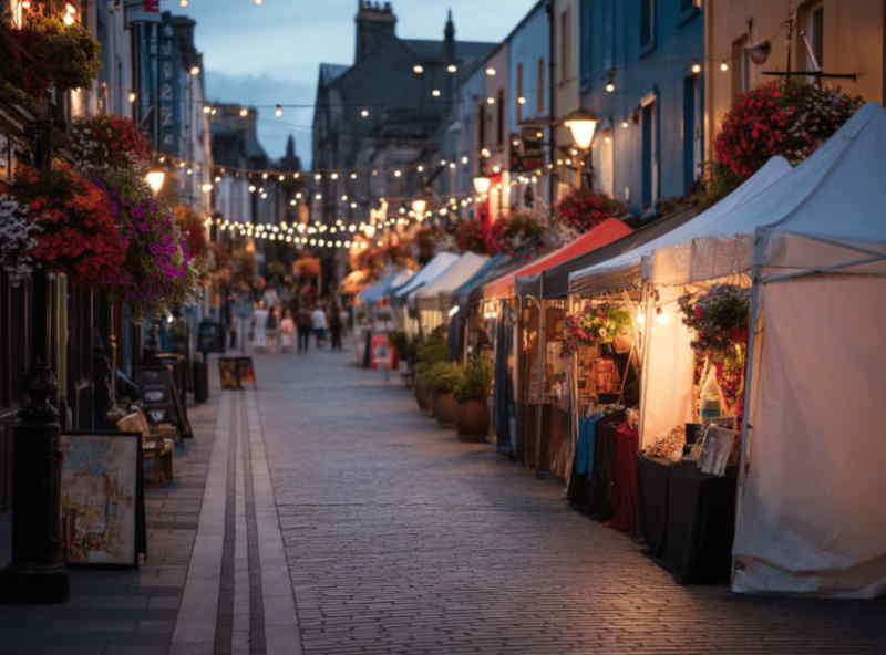 Evening view of Killarney Town’s pop-up market with colorful stalls, hanging flower baskets, and string lights illuminating the cobblestone street as locals and visitors browse.