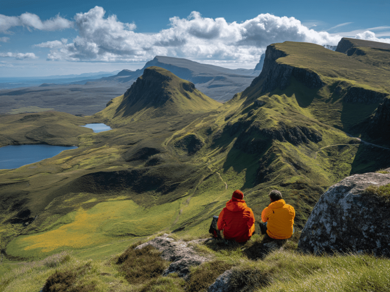Two hikers sitting at the Quiraing on the Isle of Skye, Scotland, overlooking dramatic green cliffs, rolling hills, and distant lochs.