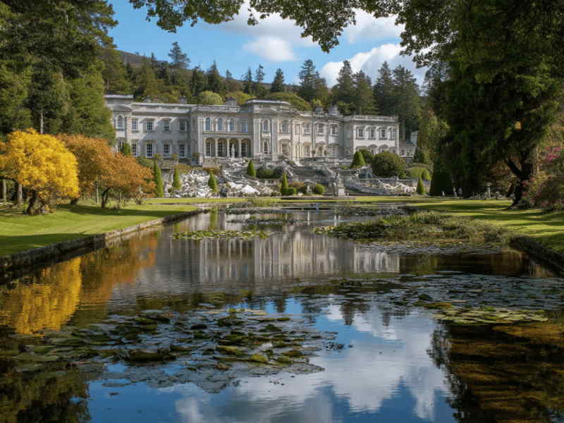Powerscourt Estate in County Wicklow, Ireland, featuring the grand Palladian mansion, landscaped gardens, and reflective lily pond set against the backdrop of the Wicklow Mountains.
