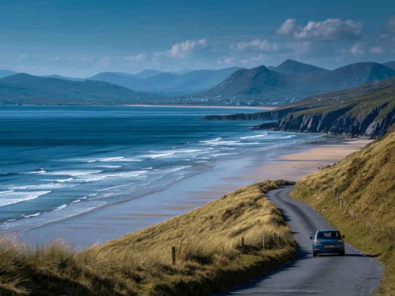 Car driving along the coastal road from Killarney to Dingle, passing Inch Beach with golden sands, rolling waves, and mountain views.