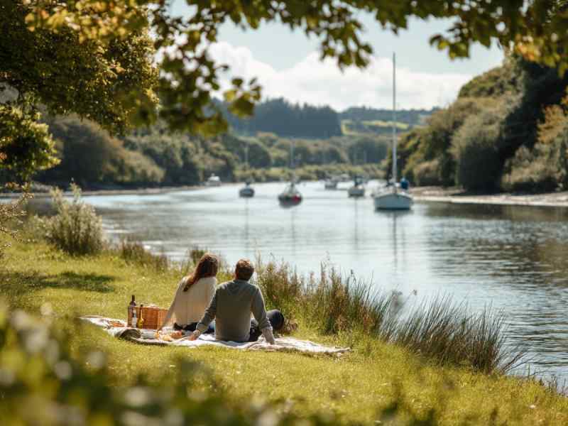 Couple enjoying a picnic beside a calm river, sitting on a blanket under trees with small boats moored on the water in the background.