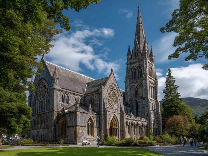 A scenic view of St. Mary’s Cathedral in Killarney, Ireland, showing its Gothic Revival architecture surrounded by lush trees and mountains.