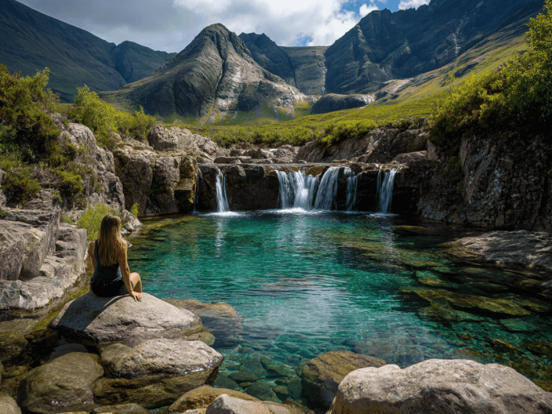 Traveler sitting on a rock at the Fairy Pools on the Isle of Skye, Scotland, with turquoise water, cascading waterfalls, and the Cuillin mountains in the background.